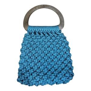 Vintage Blue Macrame Woven Handbag Wooden Handle Boho Cottagecore Summer Bag